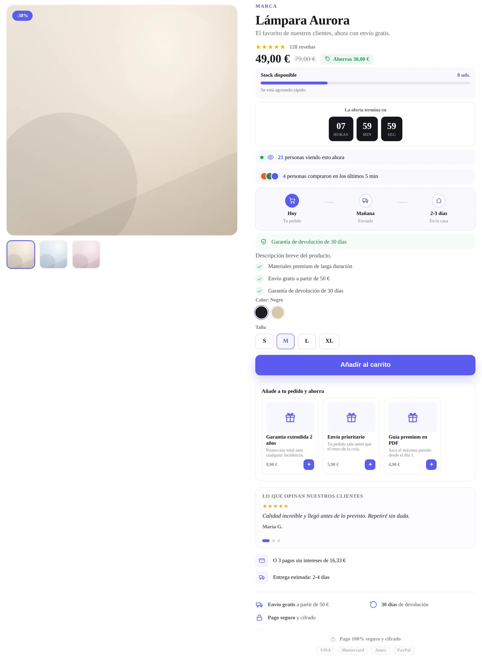 Ficha de producto completa: galería, precio, packs y complementos