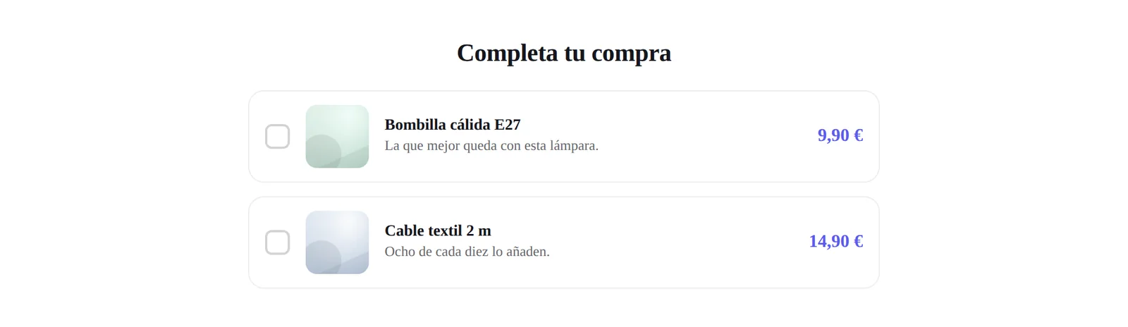 Ventas cruzadas: complementos con casilla para añadir